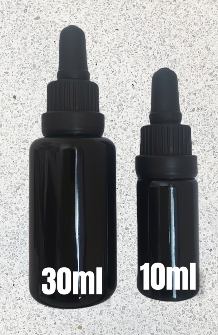 2 bottles showing size comparison 10ml and 30ml
